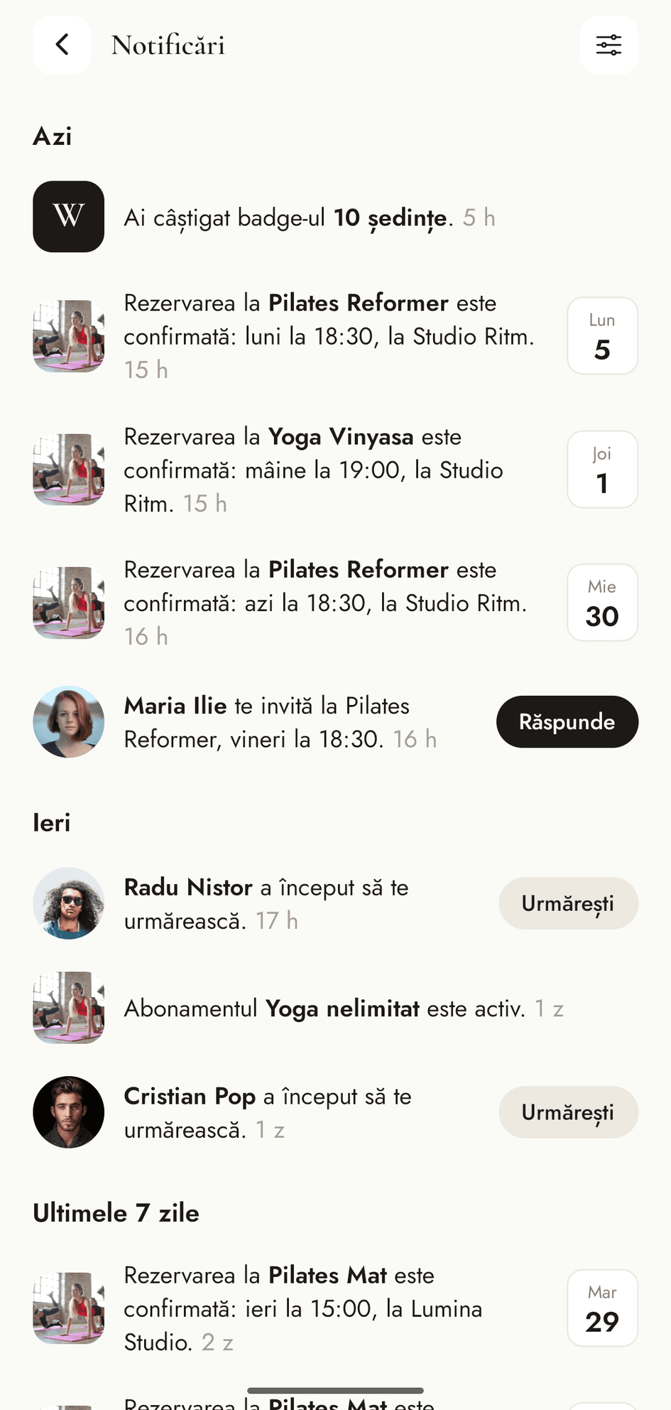 Notificările în WYRA — invitații la clasă de la prieteni și oameni noi care te urmăresc